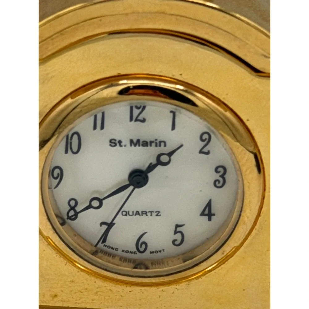 St. Marin Miniature Brass Quartz Desk Clock Working New Battery Mantel Style